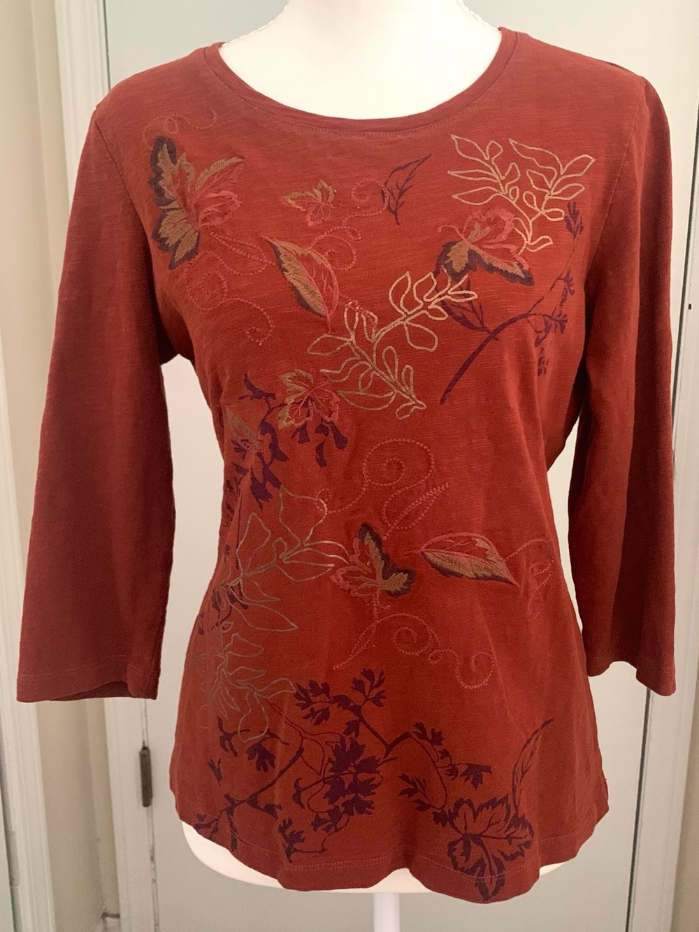 Fall Leaves Rust Gold Shirt Embroidered Metallic Christopher & Banks Tee Sz M